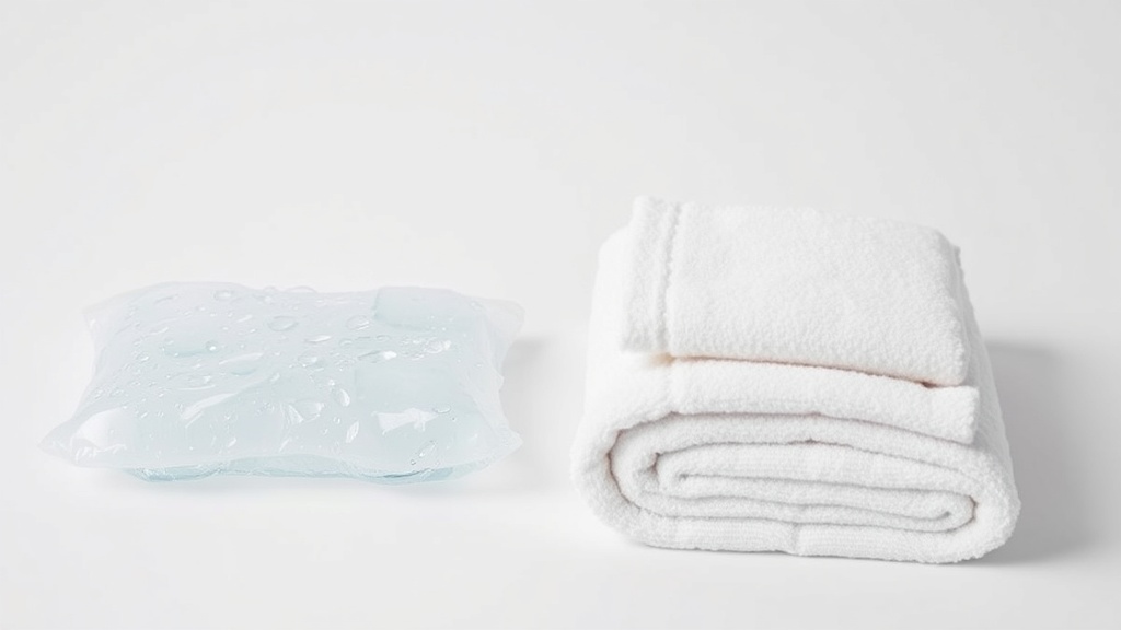얼음 주머니와 따뜻한 수건이 나란히 놓여 있는 모습으로 냉온 찜질의 대비를 보여줌