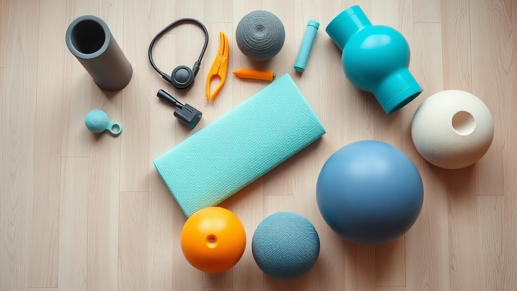 나무 바닥 위에 놓인 폼롤러와 마사지 볼 등 다양한 피로 회복 도구들이 정돈된 장면